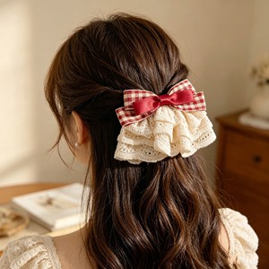 Sweet strawberry jam red plaid <b>bow</b> skirt hair <b>clip</b> for girls, cute lace ruffled ponytail <b>clip</b> - Product Image 2