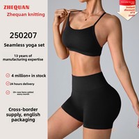 Set Yoga 2 Potong Gaya Eropa Amerika, Seksi, Solid, Bahan Spandex/Nylon Bernapas, Celana Pendek Pengangkat Pinggul Wanita, Elastis untuk Lari