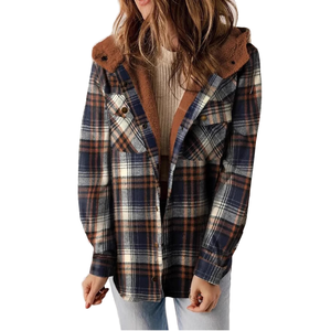 2026 Women's Single Breasted Long-Sleeved Fluffy Hooded Plaid <b>Jacket</b> Pocket Autumn Winter Casual All-Match European Plain Dyed - Product Image 1