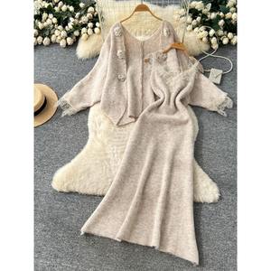 Sanftes Temperament 2-teiliges Set Damen Herbst Winter 3D Blume Langarm Strick Strickjacke Oberbekleidung Spitze getäfeltes Kleid - Product Image 2