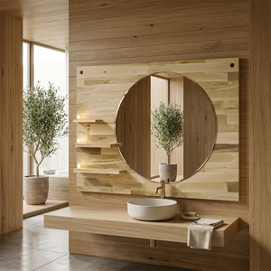 Modern Wooden <b>Wall</b> <b>Mirror</b> Panel with Circular <b>Mirror</b> & Integrated Floating Ledge Shelves - Product Image 5
