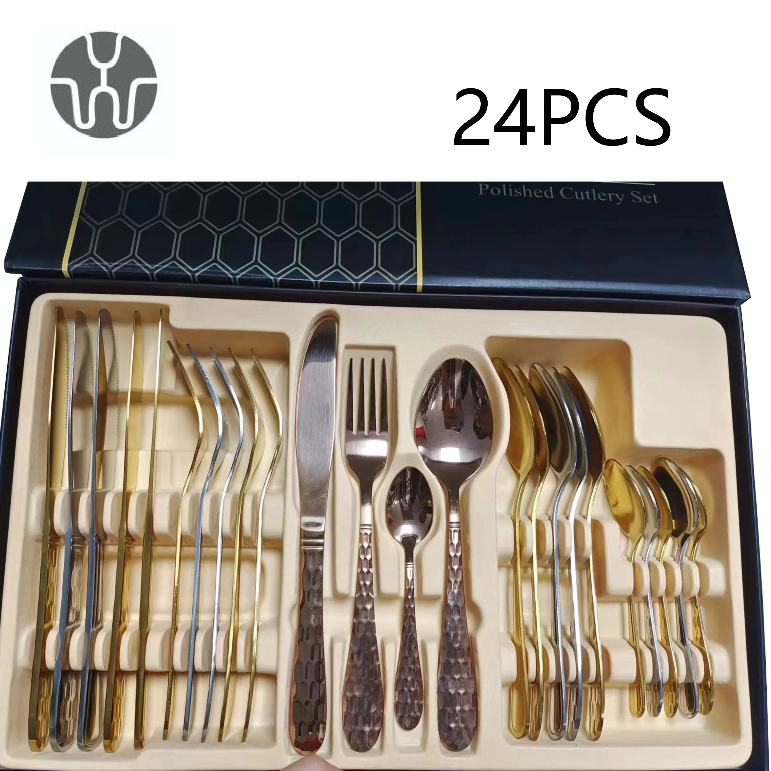 24pcs Flatware Set Wholesale Luxury Custom Stainless Steel Flatware Wedding Restaurant Plated Gold 24 PCS Cutlery Set