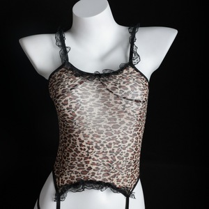 Combinaison en maille à imprimé léopard avec bordure en dentelle transparente, lingerie féminine, costume - Product Image 1
