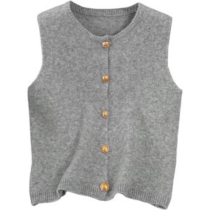 Gilet pull boutonné sans manches pour femme FOXA, col rond, tricoté, coupe classique, 100 % acrylique, tissu en laine - Product Image 1