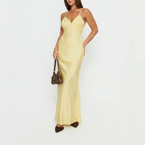 Fabricante <span class=keywords><strong>de</strong></span> Ropa, Diseño Personalizado, <span class=keywords><strong>Vestido</strong></span> <span class=keywords><strong>de</strong></span> <span class=keywords><strong>Noche</strong></span> Minimalista <span class=keywords><strong>de</strong></span> Satén <span class=keywords><strong>Amarillo</strong></span> Pálido para Mujer, Sexy, con Espalda Descubierta y Cordones, para Verano - Product Image 2