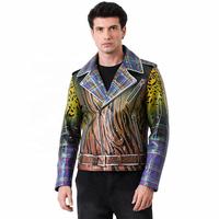 Blouson motard en cuir d'agneau peint à la main sur mesure pour homme, motifs multiples léopard et écossais, style artistique asymétrique, en cuir véritable, vente en gros OEM