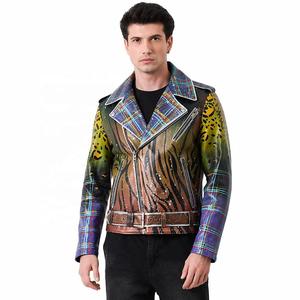 Chaqueta de Motero de Piel de Cordero Pintada a Mano Personalizada para Hombre, con Múltiples Diseños de Leopardo y Cuadros, Estilo Artístico Asimétrico, Prenda Exterior de Cuero Genuino, Venta al por Mayor OEM - Product Image 1