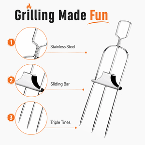 Brochetas Reutilizables de Acero Inoxidable de 3 Puntas con Deslizador para Carne y Verduras, Fácil Liberación de Alimentos, Brocheta para Asar - Product Image 3