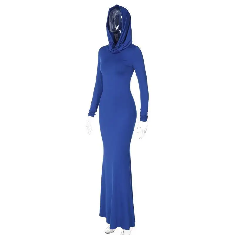 Neue euro-amerikanische Mode 2023 Herbst Hochwertiges 100 % Polyester solide Kapuze lange Ärmel Damenverpackung Hüftfinger enges Kleid
