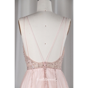 Robe de soirée moderne et élégante en tulle, jupe droite champagne, col en V profond, bretelles spaghetti, longueur au sol, perle, <span class=keywords><strong>gaine</strong></span> en pierre chaude - Product Image 6