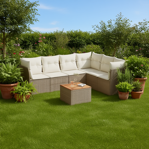 Ensemble de canapés de jardin en rotin 6 places, contemporain, résistant aux intempéries, avec plateau en teck - Product Image 2