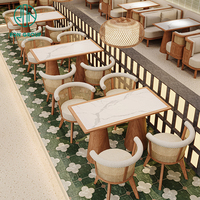 Bestseller Moderne Pizza Restaurant Möbel-Sets – Gewerbliche Quadratische Holztische, Stoff-Rattan-Langbänke und Café-Stühle für Nischen