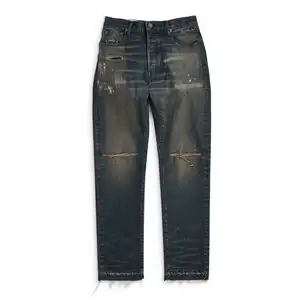 2024 New men branded distressed vintage washed patch work stretchy urban deniem blue jeans