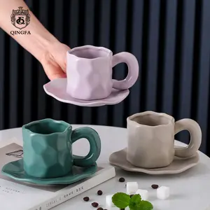 Wholesale handmade irregular texture matte nordic cheap luxury european cup and saucer tea cup sets ceramic coffee tea cup