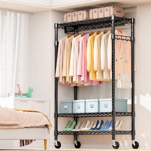 MZG Custom Heavy-Duty 3-Tier Rolling Garment Rack Black Adjustable Wire <b>Shelving</b> with Side Hooks for Living Room Coat Stand Use - Product Image 2