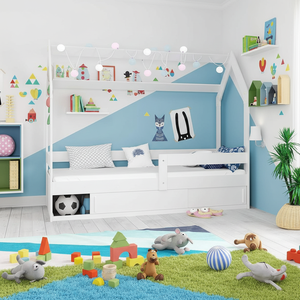 Letto per Bambini in Legno Massello con Base a Doghe, Design Moderno, Protezione Anticaduta, Costruzione Molto Stabile, Comodo e Funzionale con Spazio di Archiviazione - Product Image 1