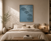 Décoration murale moderne en bleu poudré à effet d'illusion optique, encadrée, motif spirale et arche concentrique, pour studio de yoga, clinique et appartement