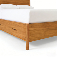 Lit de rangement minimaliste en bois massif, finition teck naturel, taille King, avec tiroirs sous le lit, pour usage hôtelier