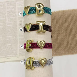 नई चुंकी 18k सोने की प्लेटेड बुलबुला पुफ प्रारंभिक पत्र और दिल के बीड मल्टीकोलर ग्लिटर फीता कॉर्ड समायोज्य कंगन - Product Image 4