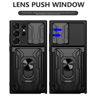 Coque de téléphone antichoc avec protection coulissante pour appareil photo et anneau de support, en PC rigide et TPU, pour Samsung S21 S22 S23 Plus Ultra