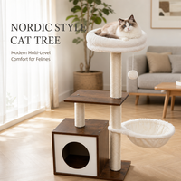 Arbre à chat en bois en gros avec armoire pour chat, entrée ronde, poteaux en corde de sisal et hamac en peluche pour petits chats OEM ODM
