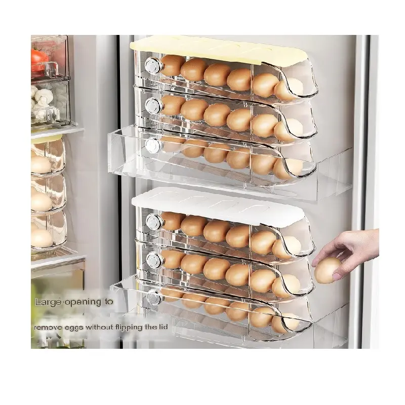 2024 New wholesale Stackable Refrigerator Egg Storage Box PET Automatic Scrolling Plastic Drawer Egg Tray