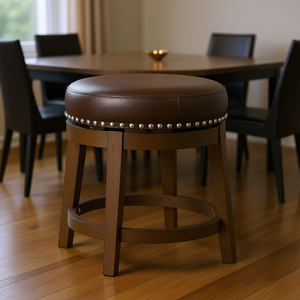 Sgabello Girevole a 360 Gradi in Ecopelle Marrone con Finitura a Borchie e Struttura in Legno Massello per Sala da Pranzo - Product Image 2