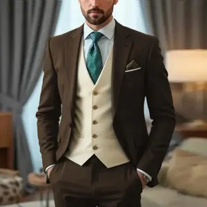 Dernières tendances en matière de costumes pour hommes, costumes 3 pièces, formels, coupe ajustée, mariage, décontractés, costumes de marié, <span class=keywords><strong>style</strong></span> classique, veste, pantalon, gilet beige - Product Image 3
