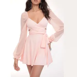 Ücretsiz özel Logo şeffaf kollu Mini elbise pembe A-line melek elbise moda sarma elbise kesip