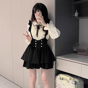 Chimelong WP-8050 Apricot Shirt Black Suspender Skirt Set Princess Sleeves Solid Color Casual Dress Two Piece Set - Product Image 4