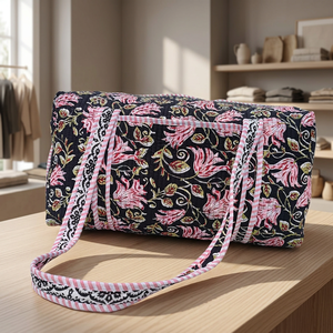 Floral Printed Quilted Lightweight <b>Duffel</b> <b>Bag</b> for Black Large Capacity Travel Weekender Zipper Closure Cotton Fabric Durable - Product Image 2