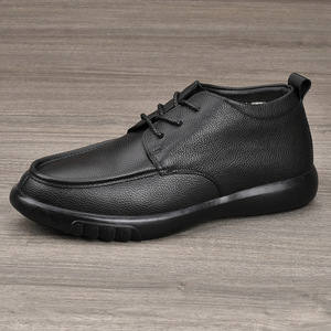 Bottes Martin en cuir véritable pour hommes, hauteur cheville, bout rond, à lacets, doublure en peluche, semelle en caoutchouc, chaussures chaudes isolantes pour l'hiver - Product Image 3