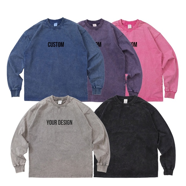 HEALY Customized Printed Distressed T-shirt Wholesale Plain Vintage Water-washed Thick Cotton Long-sleeved Men's T-shirt