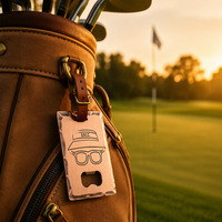 Étiquette de sac de golf en métal avec logo personnalisé, ouvre-bouteille, bord martelé en cuivre antique, sangle en cuir, étiquette de bagage personnalisée pour cadeau