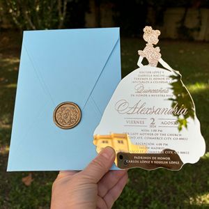 <span class=keywords><strong>Invitación</strong></span> de Quinceañera con Espejo Dorado de Princesa, Quince Mis 15 Anos, Invitaciones, Sobre Azul en Polvo y Sello de Cera Dorada - Product Image 1