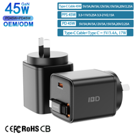 Pengisi Daya Cepat Kabel Gan Retractable IBD 45W Usb Type c Pengisi Daya Ponsel Portabel Adaptor Colokan US EU AU UK India untuk Iphone Laptop