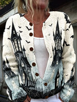 Cardigan à imprimé fantôme d'Halloween pour femme, pull en tricot surdimensionné, boutonné sur le devant, manches longues, vêtements d'extérieur d'automne