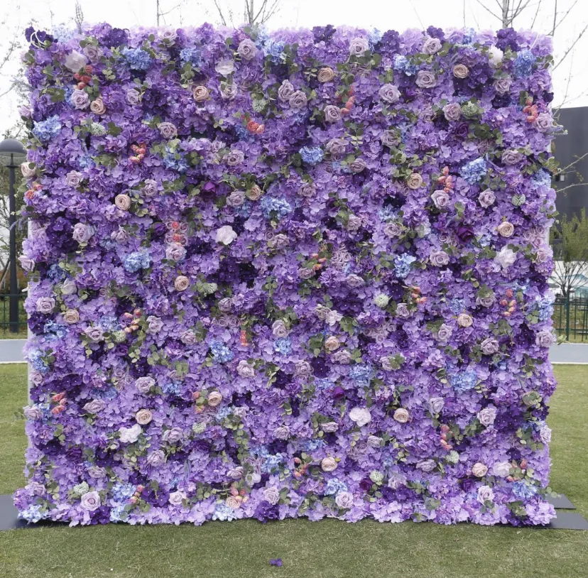 q107 Purple 3D Roll Up Floral Wall Backdrop Artificial Silk Flower Wall Panel For Baby Shower Wedding Mall Decor