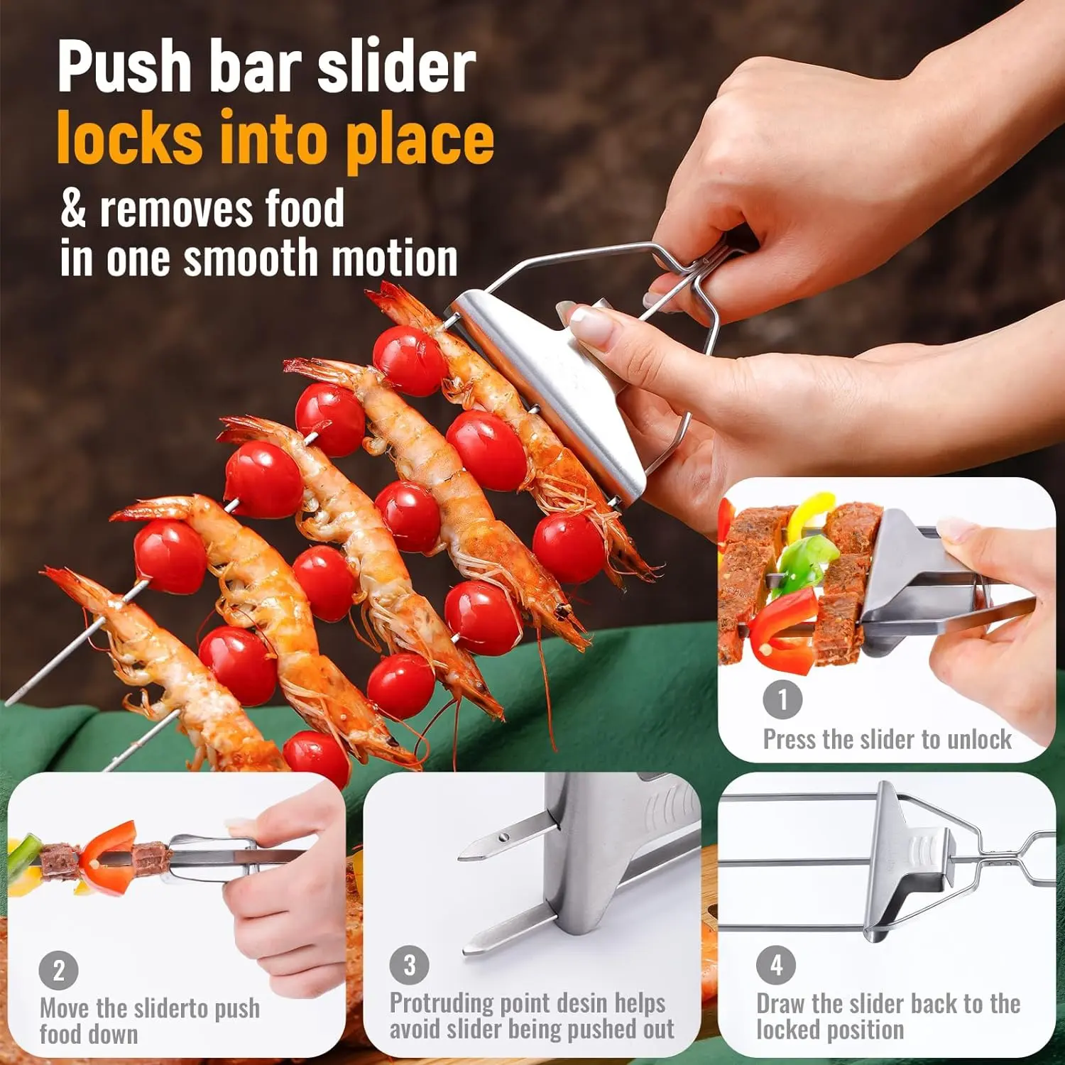 Nieuwste Nieuwe Herbruikbare 3 Way Prong Roestvrijstalen Grill Spiesjes Met Duwschuifregelaar Voor Kabobs