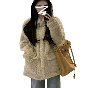 Women's Mid Length Shearling Coat Milk Apricot Color Faux Fur Winter Plush Top Slim Fit Outerwear - Product Image 5