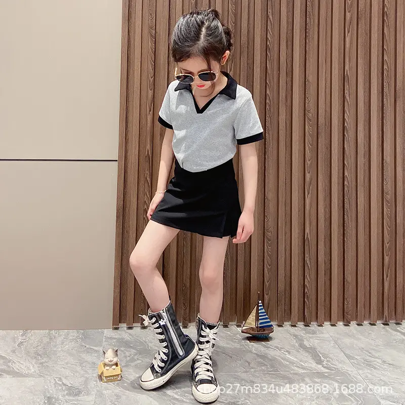 Conjunto de ropa de manga corta para verano, Polo gris + falda deportiva negra, de 4 a 9 años, 2 uds., novedad de 2022