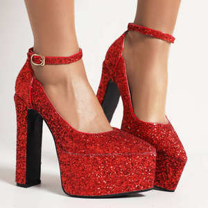 Escarpins élégants pour femme à talons épais et plateforme haute, ornés de paillettes brillantes, rouges, à bout pointu et bride cheville, à talons très hauts - Product Image 2