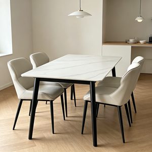 Table à manger rectangulaire moderne avec plateau en pierre frittée, 6 places, avec pieds en métal et chaises en cuir PU pour la salle à manger à domicile - Product Image 2