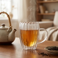 Mug à double paroi en verre cannelé Emode Coffee Tea de 250 ml, compatible lave-vaisselle et micro-ondes, design mignon