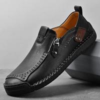 Sepatu Musim Panas Pria Kasual Kulit Asli Jahitan Tangan Gaya Slip-on Ritsleting Samping Pakaian Kerja Retro Tahan Aus Warna Solid