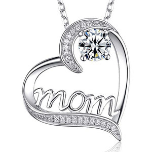 Collana con Ciondolo a Cuore 'Mom' in Argento 925 Placcato Rodio con Cristalli e Strass, Regalo per Donne, Catena con Ciondolo, Stile Romantico - Product Image 1