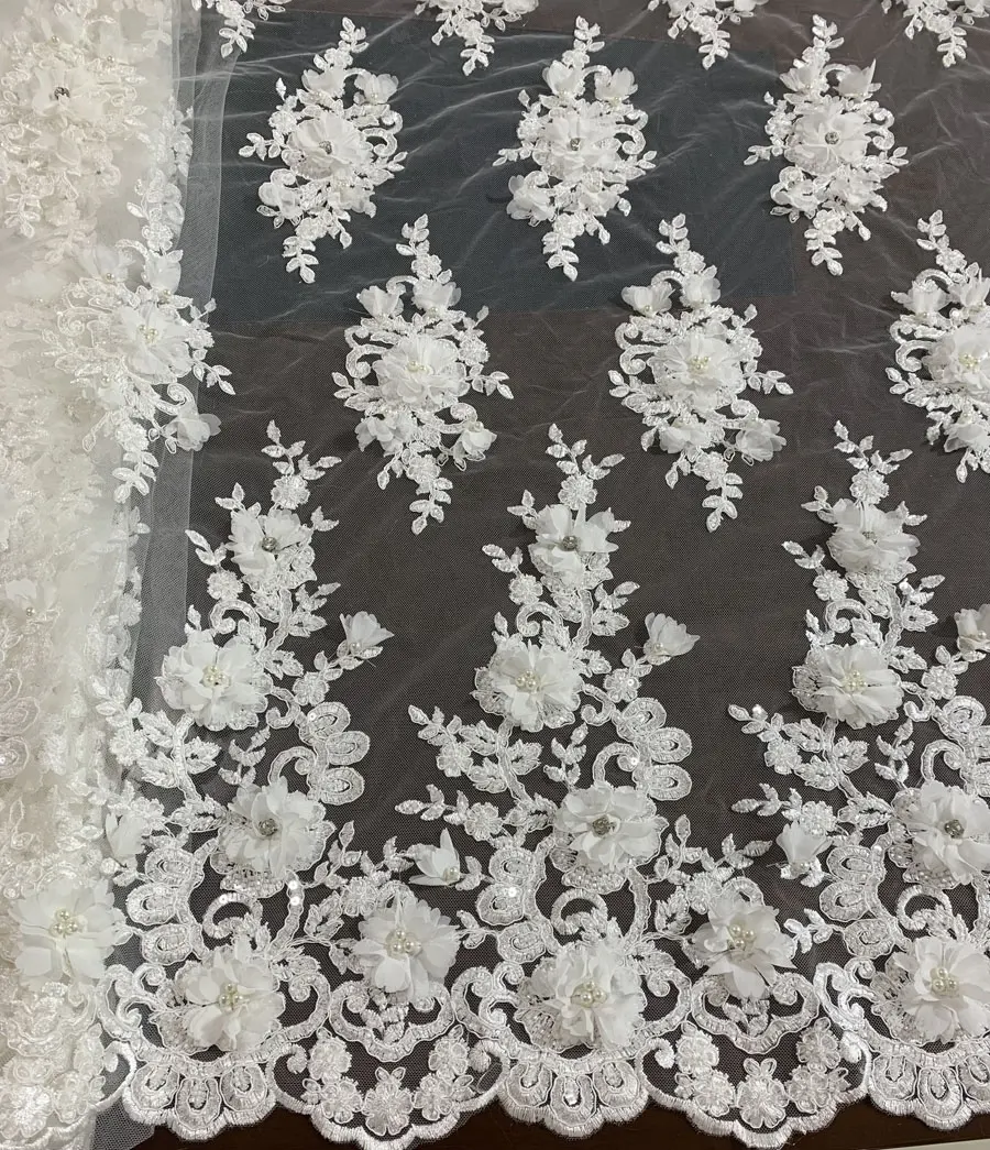 Chique noiva 3d frisado strass bordado tecido de renda com aplique de flor para vestido de casamento