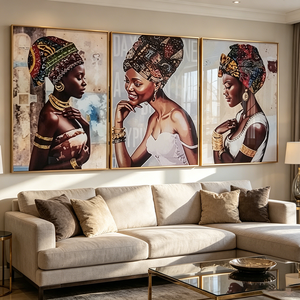 wholesale Custom Luxury Ethnic African Lady Wall Art 3 Panel Gold Jewelry Portrait Home Decor Crystal Porcelain <b>Painting</b> - Product Image 6