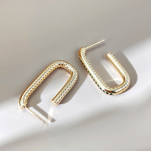 ต่างหูทองเหลืองทรงเรขาคณิตทันสมัยสำหรับผู้หญิง ชุบทอง 14K รูปตัวยู ประดับเพชรซิร์คอน เหมาะสำหรับเป็นของขวัญ - Product Image 2