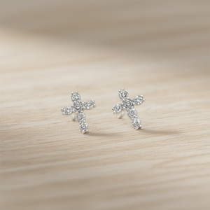 Pendientes de Cruz de Oro Blanco E4751 con Circonita Redonda Engastada en Garra, Joyería Religiosa de Moda para Mujer - Product Image 2